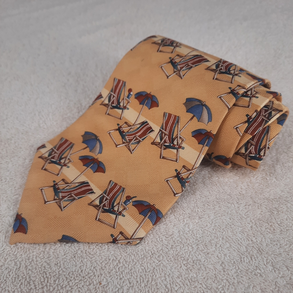 Hawaiian Tropic Beach Motif Silk Men's Tie in Tan and Blue Chair And Umbrella